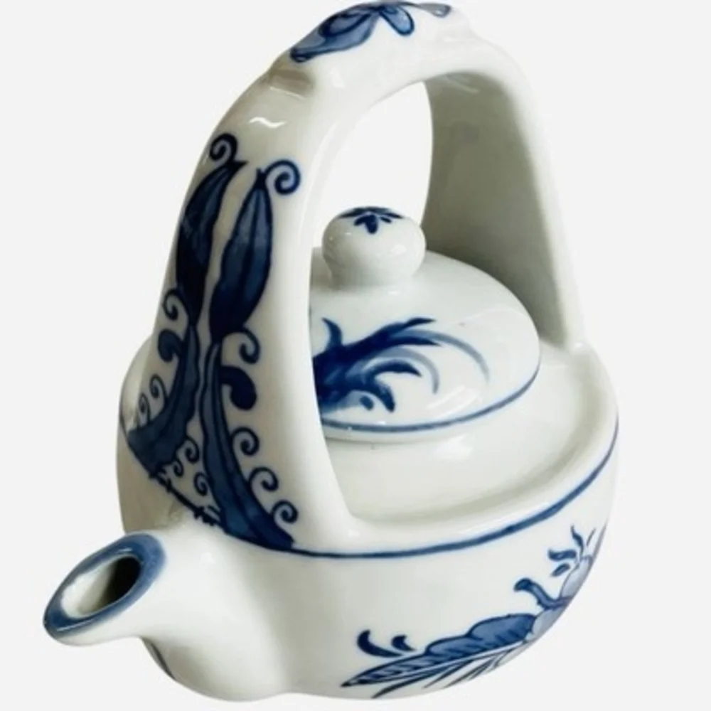 Chinoiserie Style Small Ceramic Teapot - Blue and White Hand Painted Floral